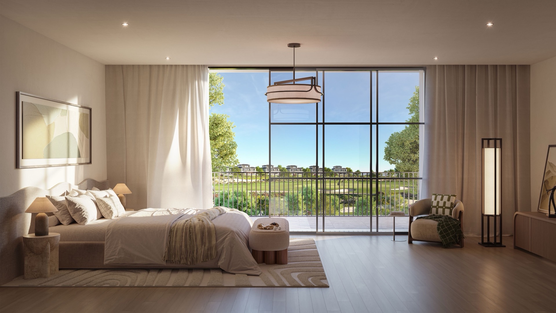 Hudayriyat Golf Estates master bedroom with golf view